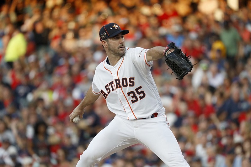 American League starting pitcher Justin Verlander, of the Houston Astros, throws during the first inning of the MLB baseball All-Star Game against the National League, Tuesday, July 9, 2019, in Cleveland. (AP Photo/John Minchillo)