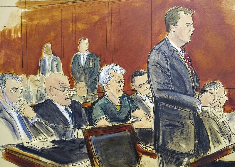 In this courtroom artist's sketch, defendant Jeffrey Epstein, center, listens as Assistant U.S. Attorney Alex Rossmiller, right, addresses the court during Epstein's arraignment, Monday in New York.