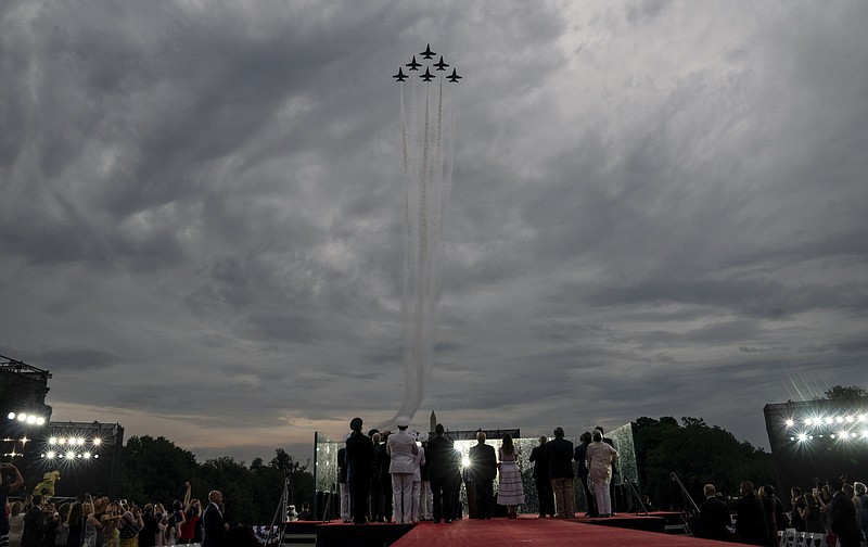 The Navy's Blue Angels soar over the Lincoln Memorial while the "Battle Hymn of the Republic" blares at the conclusion of President Donald Trump's speech during the "Salute to America" celebration for Independence Day in Washington on July 4, 2019. (Erin Schaff/The New York Times)