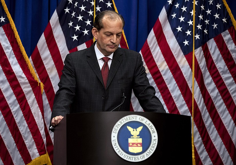Labor Secretary Alex Acosta looks down while speaking to reporters in Washington on Wednesday. Acosta publicly defended his role in overseeing the prosecution of Jeffrey Epstein on sex crimes charges in Florida over a decade ago, bucking a growing chorus of Democratic calls for his resignation. (Anna Moneymaker/The New York Times)