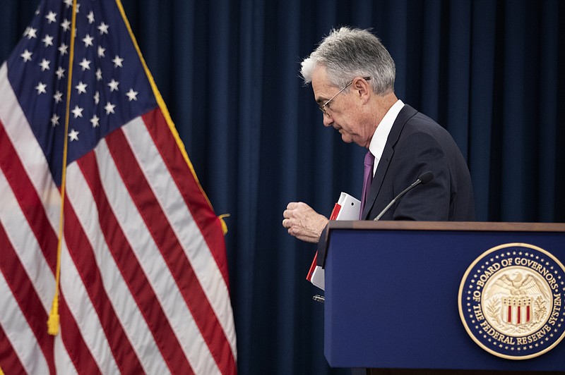FILE - In this June 19, 2019, file photo Federal Reserve Chairman Jerome Powell concludes a news conference following a two-day Federal Open Market Committee meeting in Washington. On Wednesday, July 10, the Federal Reserve releases minutes from its June meeting when it left rates unchanged. (AP Photo/Manuel Balce Ceneta, File)