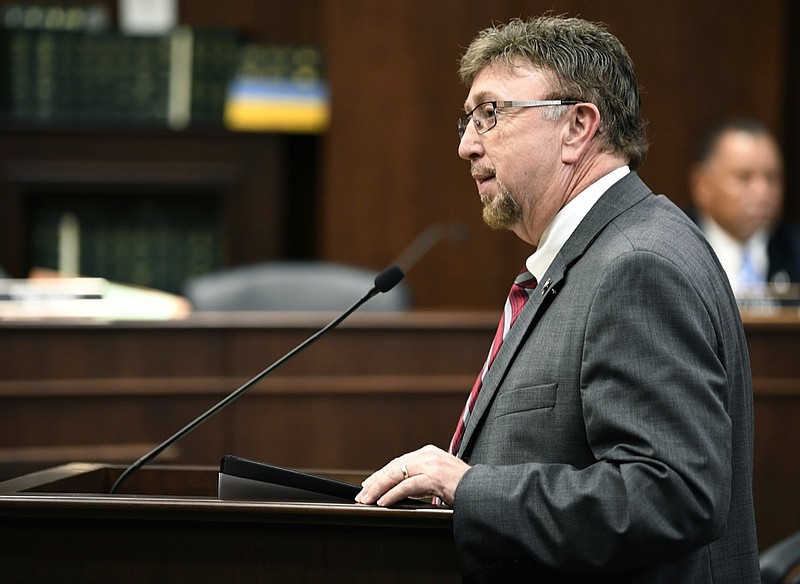 In this Feb. 28, 2018 file photo, Rep. David Byrd speaks about a bill he is sponsoring that will allow school employees to carry guns at the Cordell Hull Building in Nashville, Tenn. Byrd who is accused of sexual misconduct is denying he's been asked by Republican Gov. Bill Lee not to run for reelection next year. The Tennessee Republican lawmaker Byrd texted The Associated Press on Wednesday, July 10, 2019, that Lee had not called him seeking to persuade him from running for a fourth term in the GOP-dominated Statehouse. (George Walker IV/The Tennessean via AP, File)