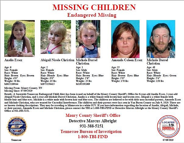The children are believed to be with their non-custodial parents, who are wanted for custodial interference. The children and their parents were last seen in Van Buren County on July 9th. No known clothing description. May be traveling to Minnesota in a white SUV. / twitter.com/TBInvestigation