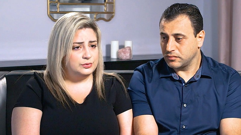 In this Monday, July 8, 2019, photo taken from video provided by Peiffer Wolf Carr & Kane, Anni, left, and Ashot Manukyan describe their lawsuit against a fertility clinic during an interview in Los Angeles. The Southern California couple claim their embryo was mistakenly implanted in a New York woman, who gave birth to their son as well as a second boy belonging to another couple. The lawsuit by the Manukyans describes an alleged in vitro fertilization mix-up by CHA Fertility Center in Los Angeles that involves three separate couples. (Peiffer Wolf Carr & Kane via AP)
