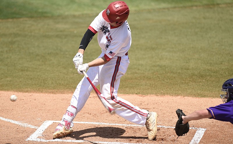 Baylor's Cooper Kinney (8) makes contact with the ball.  Baylor faced Christian Brothers for the Division II Class AA baseball championship at Reese Smith Jr. Field on the campus of Middle Tennessee State University in Murfreesboro on May 23, 2019.  