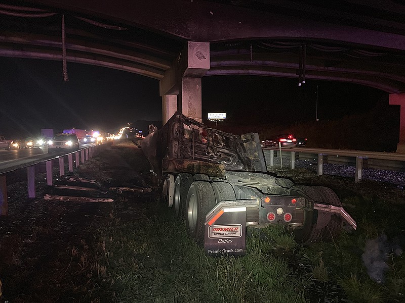 A fiery tractor-trailer crash into a bridge on Interstate 75 Monday evening in Bradley County, Tennessee, caused the temporary closure of the northbound lanes of the interstate and the road passing over it. / Photos from Bradley County Sheriff's Office