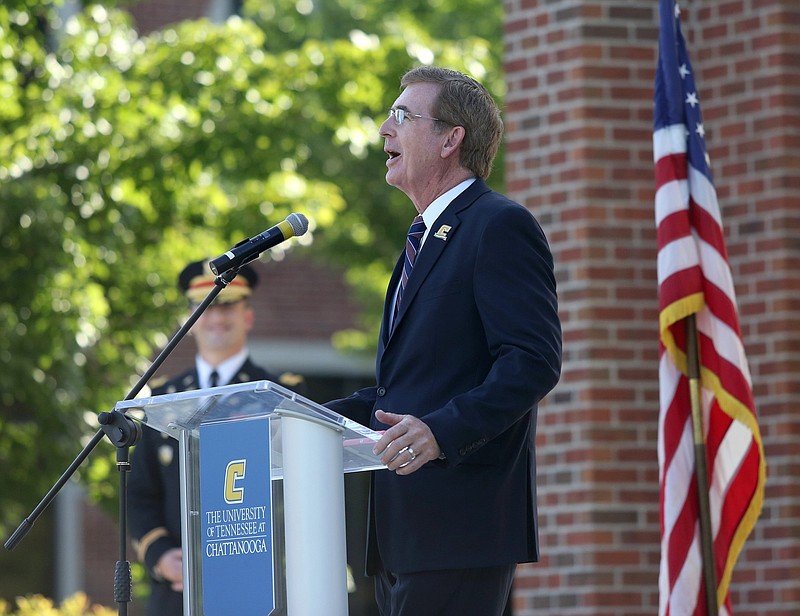 University of Tennessee at Chattanooga Chancellor Steven Angle speaks during a ceremony to remember the Fallen Five at Chamberlain Field Pavilion at UTC in Chattanooga, Tennessee. Today marked four years since the attack by a lone gunman at a Lee Highway military recruiting center and the Naval Operational Support Center and Marine Corps Reserve Center off of Amnicola Highway that left five servicemen dead.