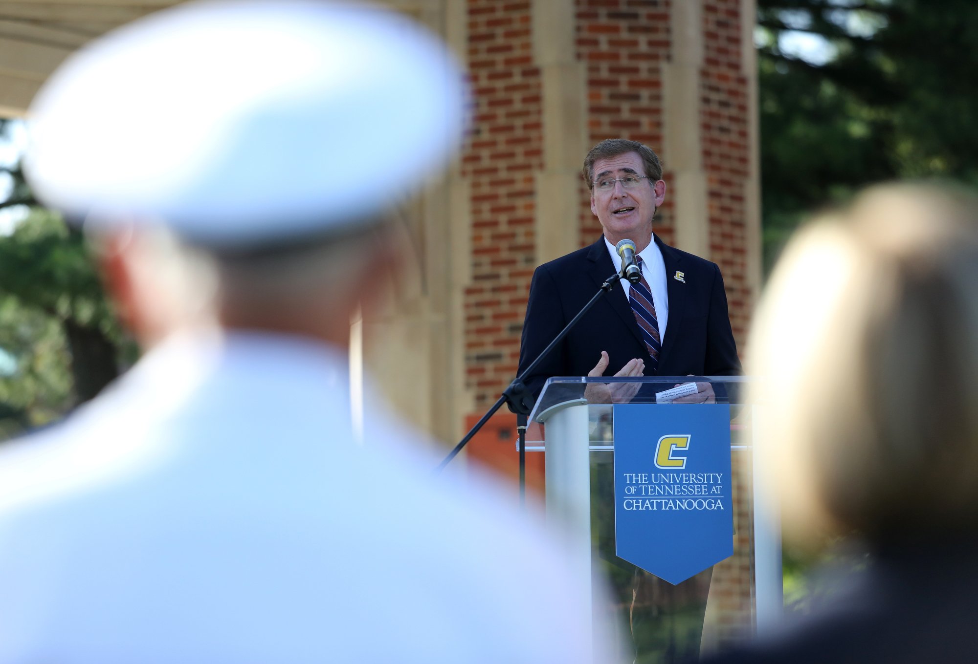 University of Tennessee at Chattanooga Chancellor Steven Angle speaks during a ceremony to remember the Fallen Five at Chamberlain Field Pavilion at UTC in Chattanooga, Tennessee. Today marked four years since the attack by a lone gunman at a Lee Highway military recruiting center and the Naval Operational Support Center and Marine Corps Reserve Center off of Amnicola Highway that left five servicemen dead.