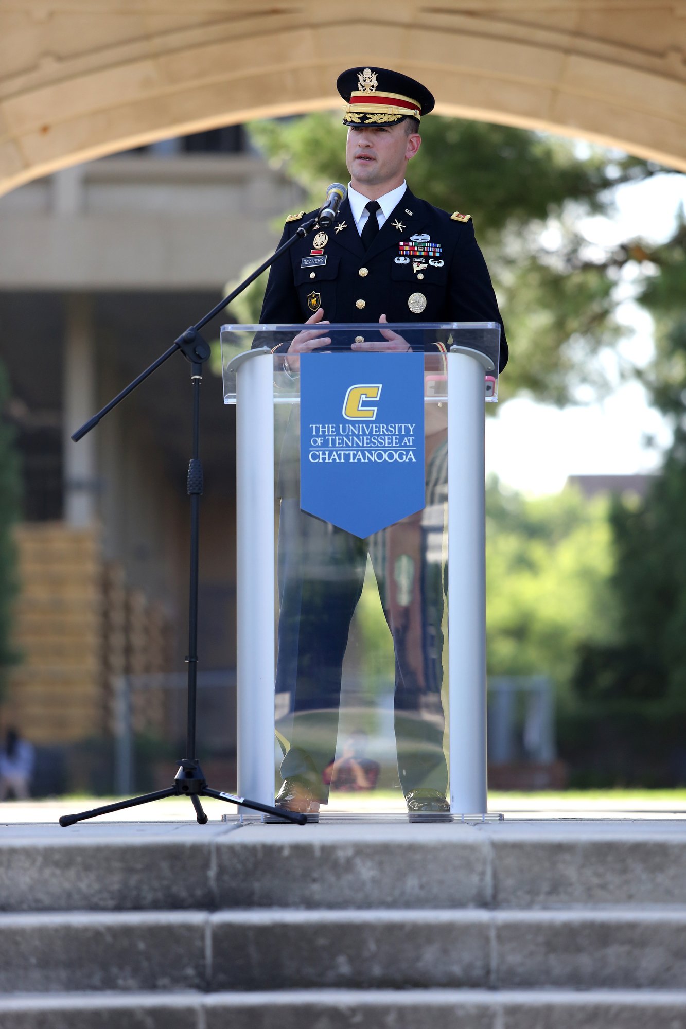 Major Kevin Beavers, the head of the Department of Military Science at the University of Tennessee at Chattanooga, speaks during a ceremony to remember the Fallen Five at Chamberlain Field Pavilion at the University of Tennessee at Chattanooga. Sgt. Carson A. Holmquist; Gunnery Sgt. Thomas J. Sullivan; Staff Sgt. David A. Wyatt and Lance Cpl. Squire K. "Skip" Wells, all Marines, and Navy Petty Officer 2nd Class Randall J. Smith were killed in an attack on two Chattanooga military sites four years ago.