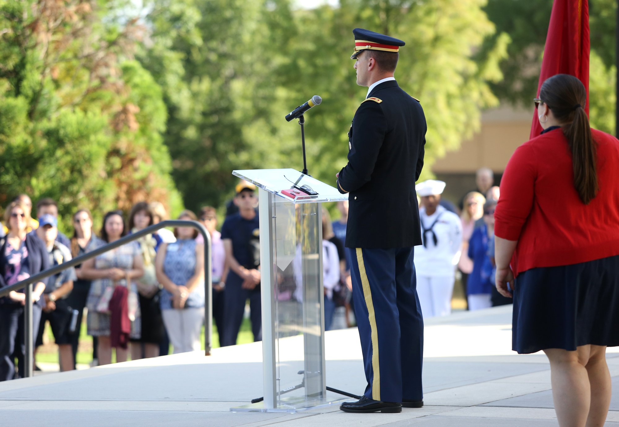 Major Kevin Beavers, the head of the Department of Military Science at the University of Tennessee at Chattanooga, speaks during a ceremony to remember the Fallen Five at Chamberlain Field Pavilion at the University of Tennessee at Chattanooga. Sgt. Carson A. Holmquist; Gunnery Sgt. Thomas J. Sullivan; Staff Sgt. David A. Wyatt and Lance Cpl. Squire K. "Skip" Wells, all Marines, and Navy Petty Officer 2nd Class Randall J. Smith were killed in an attack on two Chattanooga military sites four years ago.