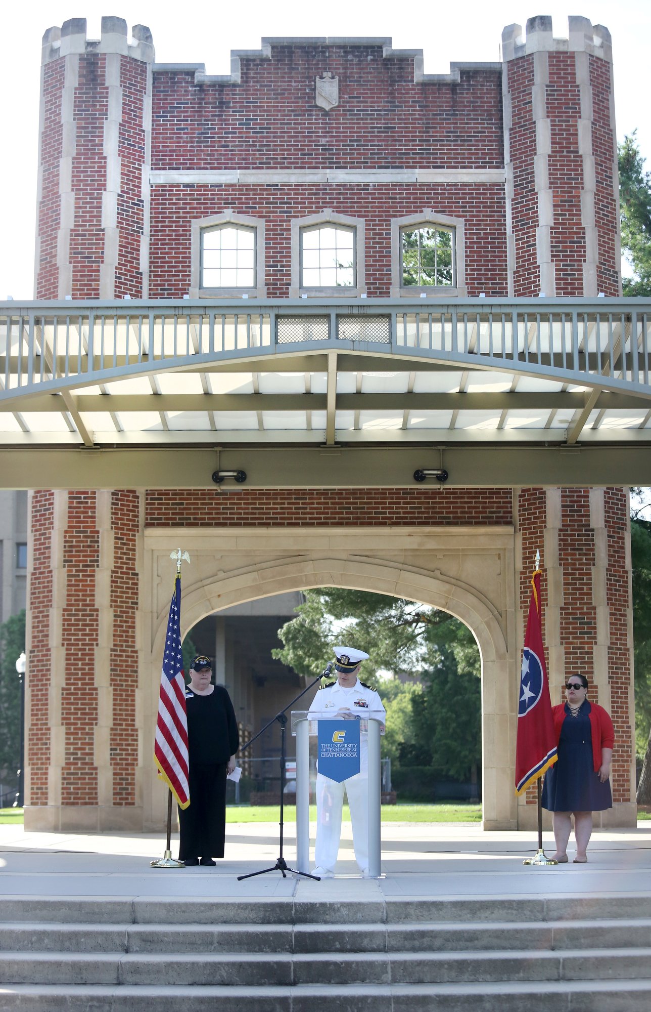 Lt. Commander PJ Remillard with the U.S. Navy Reserve in Chattanooga speaks during a ceremony to remember the Fallen Five at Chamberlain Field Pavilion at the University of Tennessee at Chattanooga. UTC staff, students and community members joined in to honor the four Marines and Sailor who lost their lives July 16, 2015 in an attack on two Chattanooga military facilities.