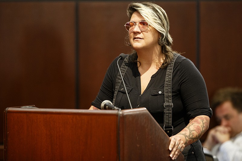 Rose Cox, owner of The Palace Theater, speaks out against the Business Improvement District during a city council meeting at the John P. Franklin Sr. City Council Building on Tuesday, July 16, 2019 in Chattanooga, Tenn.