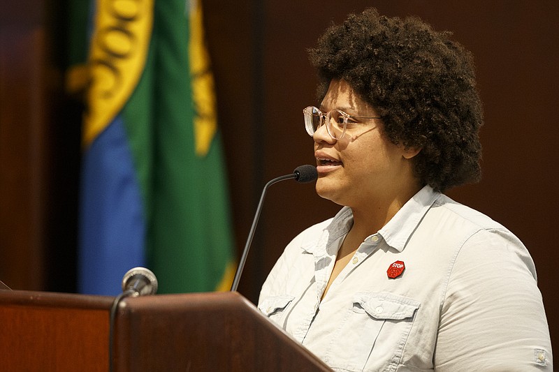 Activist Marie Mott speaks during a city council meeting at the John P. Franklin Sr. City Council Building on Tuesday, July 16, 2019 in Chattanooga, Tenn. Mott addressed the city council about various recent law enforcement issues.