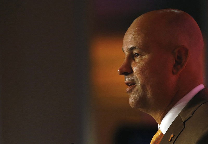 Tennessee head coach Jeremy Pruitt speaks during the NCAA college football Southeastern Conference Media Days, Tuesday, July 16, 2019, in Hoover, Ala. (AP Photo/Butch Dill)