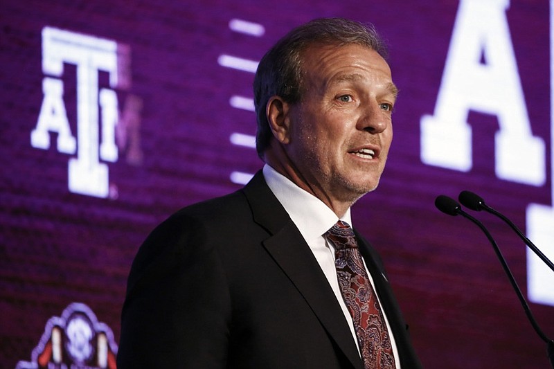 Texas A&M head coach Jimbo Fisher speaks during the NCAA college football Southeastern Conference Media Days, Tuesday, July 16, 2019, in Hoover, Ala. (AP Photo/Butch Dill)
