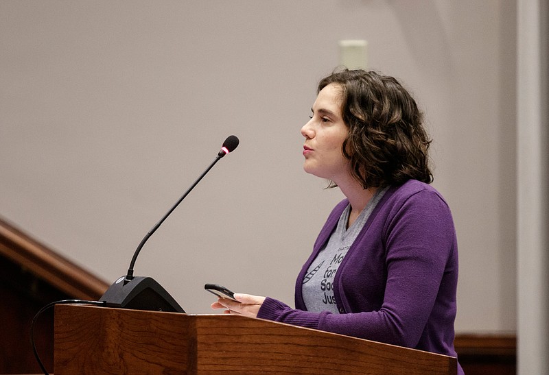 Mari Smith with Moms for Social Justice speaks during a meeting of the Hamilton County Commission at the Hamilton County Courthouse about a recent incident where two Hamilton County Sheriff's deputies allegedly used excessive force on Wednesday, July 17, 2019, in Chattanooga, Tenn. 