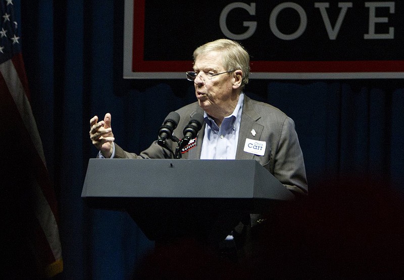 U.S. Senator Johnny Isakson speaks during a "Get Out The Vote" rally at the Dalton Convention Center on Thursday, Nov. 1, 2018, in Dalton, Ga.