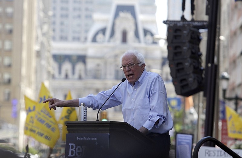 Democratic presidential candidate Bernie Sanders, I-Vt., delivers remarks at a rally alongside unions, hospital workers and community members against the closure of Hahnemann University Hospital in Philadelphia, Monday July 15, 2019. (AP Photo/Jacqueline Larma)
