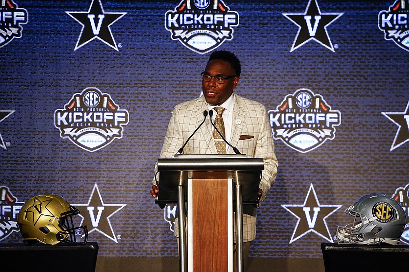 Vanderbilt head coach Derek Mason speaks to reporters during the NCAA college football Southeastern Conference Media Days, Thursday, July 18, 2019, in Hoover, Ala. (AP Photo/Butch Dill)