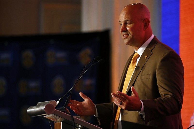 Tennessee head coach Jeremy Pruitt speaks during the NCAA college football Southeastern Conference Media Days, Tuesday, July 16, 2019, in Hoover, Ala. (AP Photo/Butch Dill)


