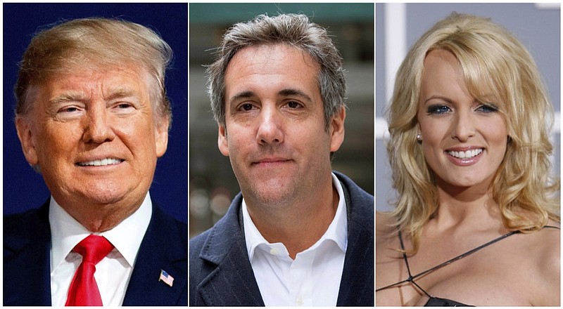 This combination of file photo shows, from left, President Donald Trump, attorney Michael Cohen and adult film actress Stormy Daniels. Search warrants unsealed Thursday, July 18, 2019, shed new light on the president's role as his campaign scrambled to respond to media inquiries about hush money paid to two women who said they had affairs with him. The investigation involved payments Cohen helped orchestrate to Daniels and Playboy centerfold Karen McDougal. (AP Photo/File)