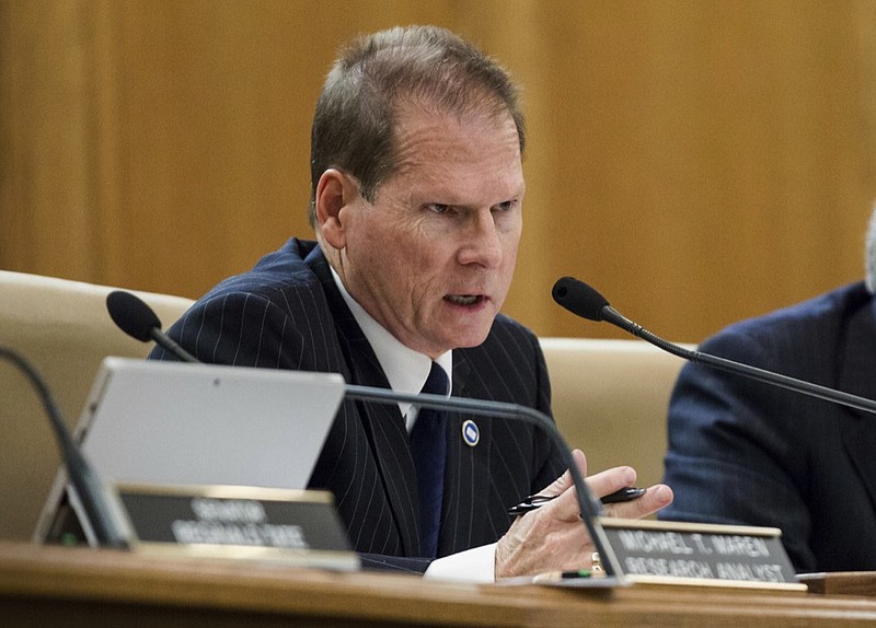 In this Oct. 14, 2015, file photo, State Sen. Joey Hensley, R-Hohenwald, presides over a Senate Higher Education Subcommittee hearing in Nashville, Tenn. Health officials are accusing Hensley, a Tennessee Republican lawmaker, of engaging in unethical conduct as a physician and are urging the state to take disciplinary actions. The civil charges, as first reported by The Tennessean on Thursday, July 18, 2019, allege Hensley improperly treated and prescribed controlled substances to immediate family members and an employee with whom Hensley was also involved in a personal relationship in 2014 and 2015. (AP Photo/Erik Schelzig, File)