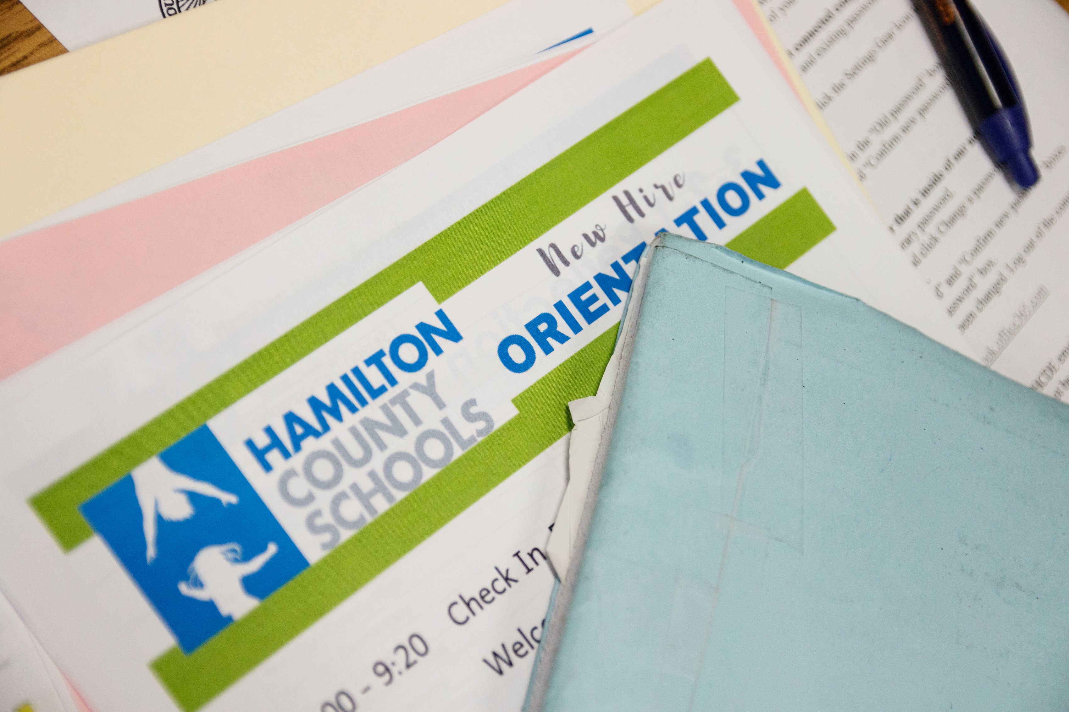 A schedule is seen during a new hire orientation at Hamilton County Schools Central Office on Wednesday, July 10, 2019, in Chattanooga, Tenn. Teachers and central office hires learned about working for the department during the orientation.