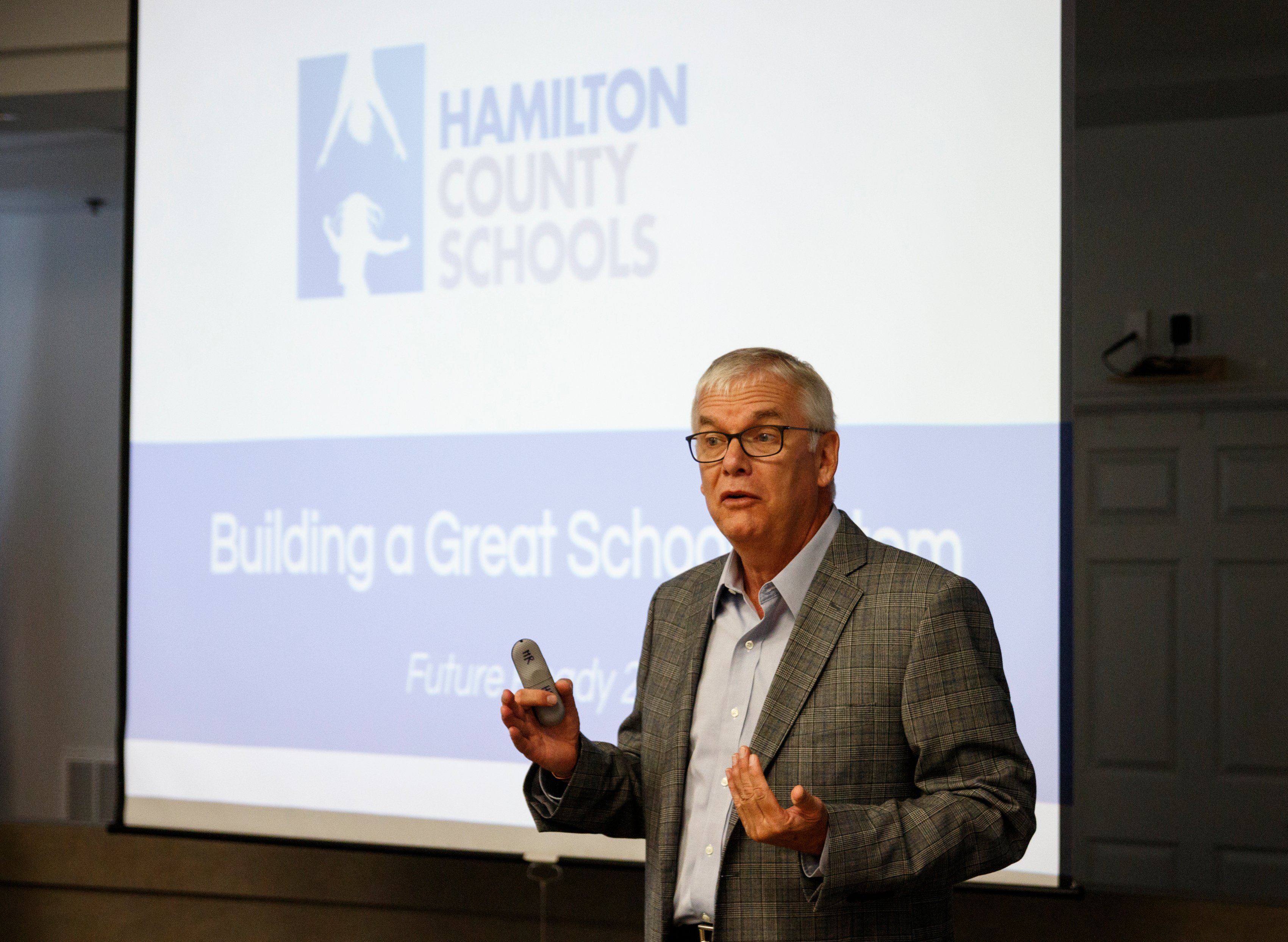 Chief Talent Officer Keith Fogleman speaks during a new hire orientation at Hamilton County Schools Central Office on Wednesday, July 10, 2019, in Chattanooga, Tenn. Teachers and central office hires learned about working for the department during the orientation.