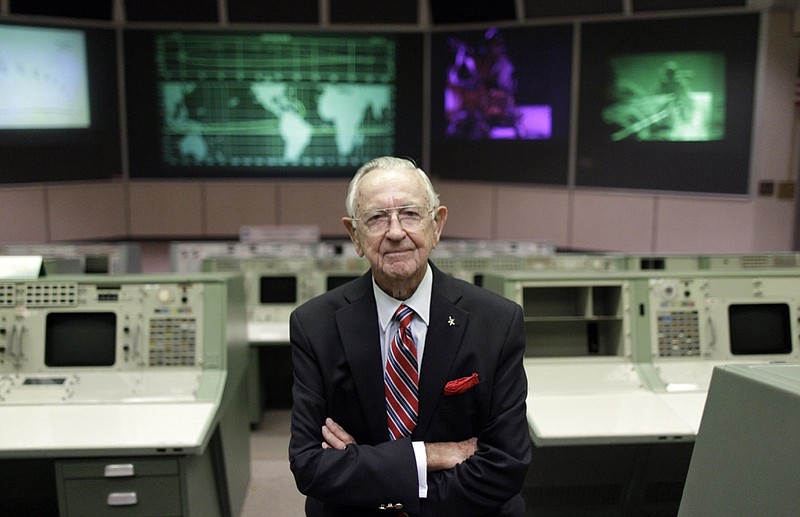 This Tuesday, July 5, 2011, file photo shows NASA Mission Control founder Chris Kraft in the old Mission Control at Johnson Space Center in Houston. Kraft, the founder of NASA's mission control, died Monday, July 22, 2019, just two days after the 50th anniversary of the Apollo 11 moon landing. He was 95. (AP Photo/David J. Phillip, File)