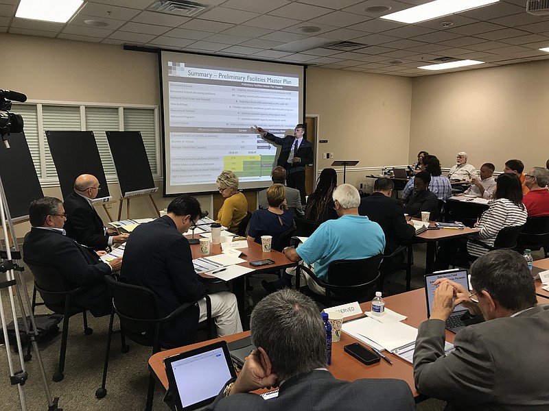 Dan Schmidt, MGT Consulting director, explains Hamilton County Schools facilities to school board members and county commissioners this morning at the Paul McDaniel building. Staff photo by Tim Barber
