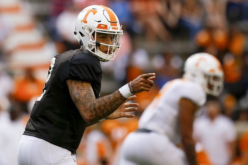 Tennessee quarterback Jarrett Guarantano (2) points before the snap during the Orange and White spring football game at Neyland Stadium on Saturday, April 13, 2019, in Knoxville, Tenn.