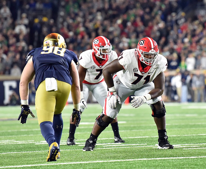 Georgia junior Andrew Thomas (71) has been a two-year starter at tackle, playing on the right side as a freshman in 2017 and on the left side last season.