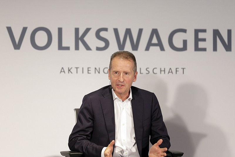 Volkswagen CEO Herbert Diess speaks during a news conference in New York, Friday, July 12, 2019. Volkswagen will sink $2.6 billion into a Pittsburgh autonomous vehicle company that's mostly owned by Ford as part of a broader partnership on electric and self-driving vehicles, the companies confirmed Friday. (AP Photo/Seth Wenig)