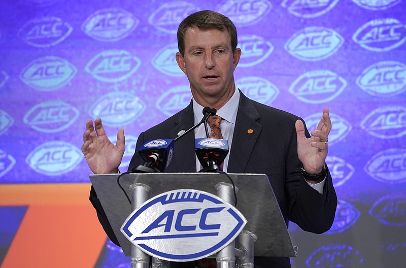 Clemson football coach Dabo Swinney speaks on July 17 during ACC Media Days in Charlotte, N.C.