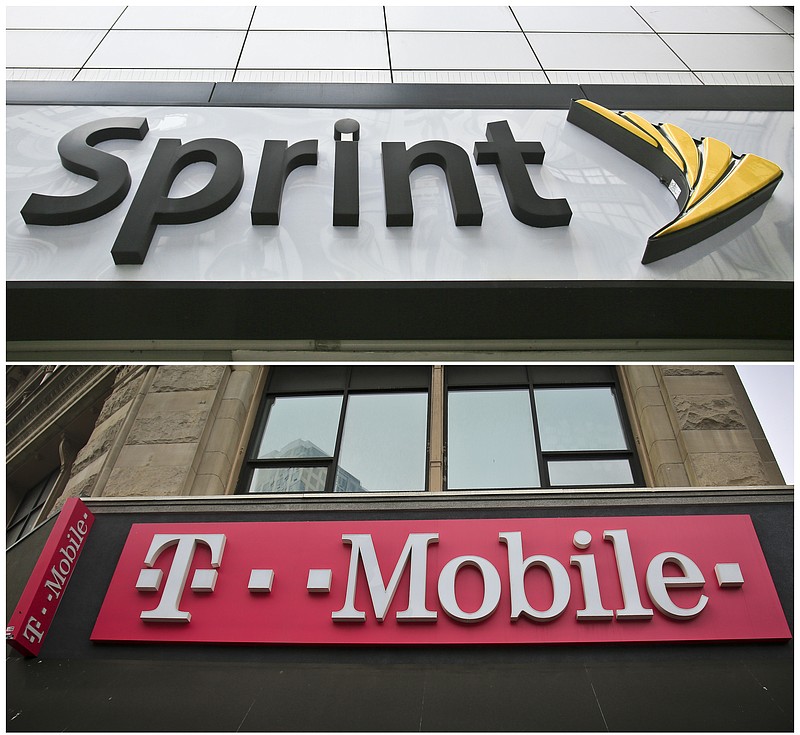 FILE - This combination of April 30, 2018, file photos shows signage for a Sprint store in New York's Herald Square, top, and signage at a T-Mobile store in New York U.S. regulators are approving T-Mobile's $26.5 billion takeover of rival Sprint, despite fears of higher prices and job cuts. (AP Photo/Bebeto Matthews, File)