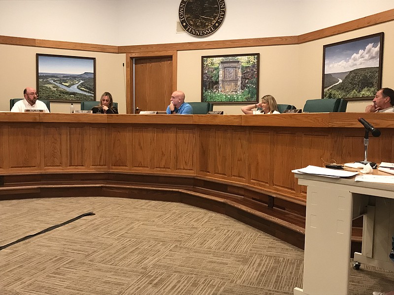 Members of the Signal Mountain Town Council prepare to take their final vote on the town's FY 2020 budget at Signal Mountain Town Hall Monday, July 22. From left are Town Manager Boyd Veal, Vice Mayor Amy Speek, Mayor Dan Landrum, Councilwoman Susannah Murdock and Councilman Bill Lusk.