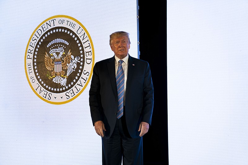 President Donald Trump on stage at the Teen Student Action Summit 2019 in Washington on Tuesday flanked by a satirical presidential seal on the screen behind him. (Doug Mills/The New York Times)