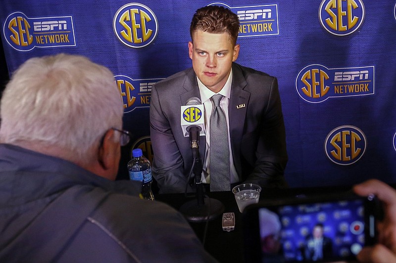 LSU quarterback Joe Burrow speaks during the NCAA college football Southeastern Conference Media Days, Monday, July 15, 2019, in Hoover, Ala. (AP Photo/Butch Dill)