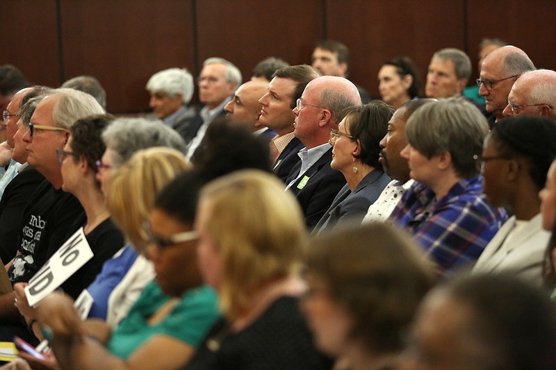 A large crowd fills the seats during a Chattanooga City Council meeting Tuesday, July 30, 2019 in Chattanooga, Tennessee. A large portion of the meeting was spent listening to business owners and residents give their opinions for and against the Business Improvement District, BID.