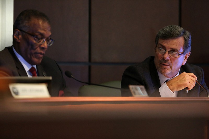 Councilman Chip Henderson asks for clarification from the city attorney during a city council meeting Tuesday, July 30, 2019 in Chattanooga, Tennessee. The final vote and public hearing on the Business Improvement District, BID, was held Tuesday, and it passed with six votes for and three opposing.