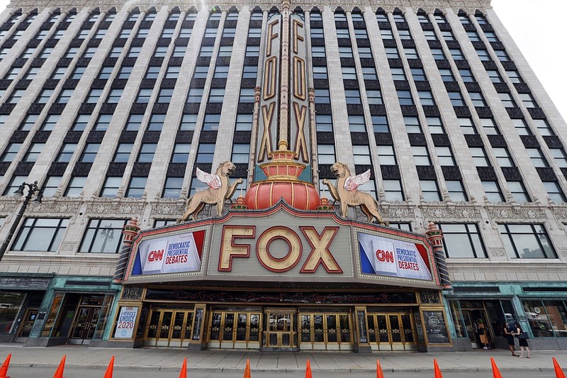 The marquee at the Fox Theatre displays signs for the Democratic presidential debates in Detroit, Monday, July 29, 2019. The second scheduled debates, hosted by CNN, will be held Tuesday, July 30 and Wednesday, July 31. (AP Photo/Paul Sancya)