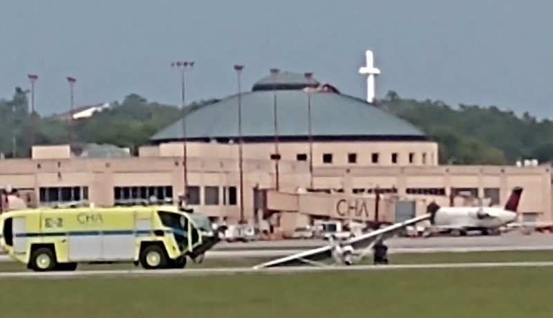 An airplane that had a rocky landing sits at the Chattanooga airport. Staff photo by Mike Pare.