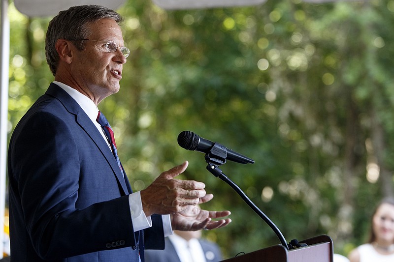 Gov. Bill Lee speaks during a groundbreaking ceremony for the new Chattanooga Red Wolves SC stadium on Tuesday, July 9, 2019, in East Ridge, Tenn. / Staff photo by C.B. Schmelter