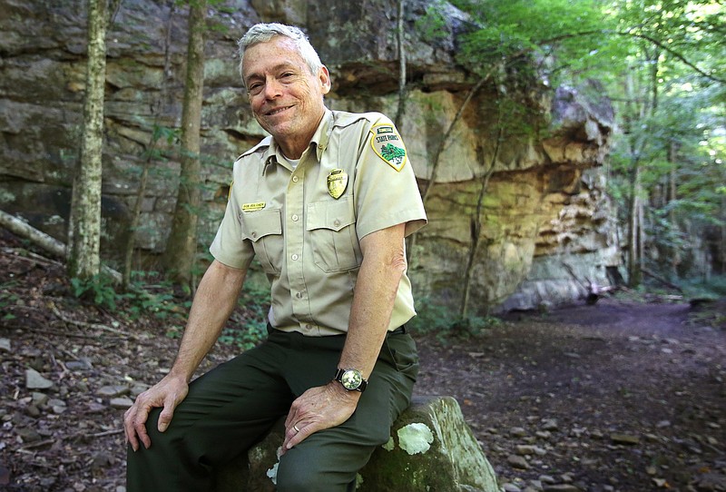 Bobby Fulcher, the park manager for the Cumberland Trail State Scenic Trail, poses for a photo at the Laurel-Snow State Natural Area Wednesday, July 24, 2019 in Rhea County, Tennessee. Fulcher is passionate about folk music and was awarded a National Heritage Fellowship, the nationճ highest honor in the folk and traditional arts.