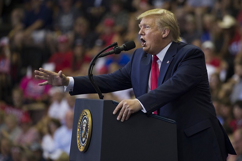 President Donald Trump speaks at a campaign rally Thursday, Aug. 1, 2019, in Cincinnati. (AP Photo/Alex Brandon)