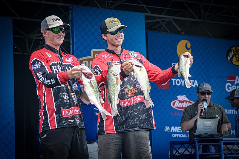 Contributed photo / Bryan College anglers Cole Sands, right, and Conner DiMauro finished second in the Bassmaster college national tournament on Chickamauga Lake in August 2019 and qualified for the Bassmaster College Classic Bracket on Watts Bar.