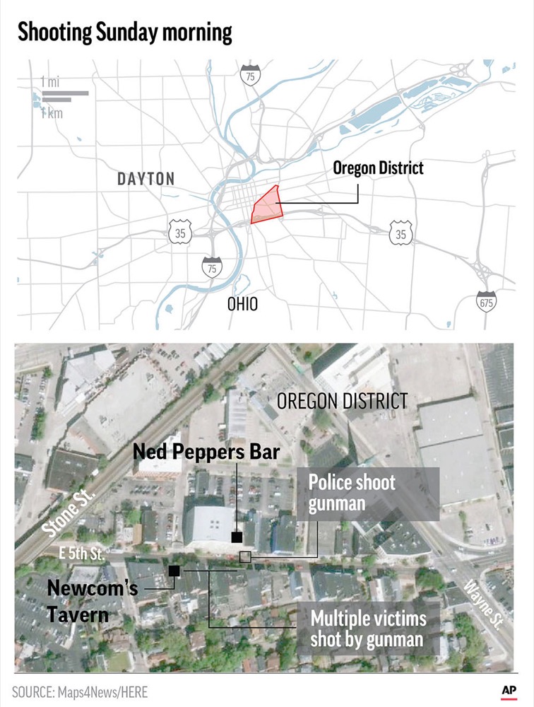 Dayton police patrolling the area responded in less than a minute to the shooting, which unfolded around 1 a.m. Sunday on the streets of the Oregon District.;