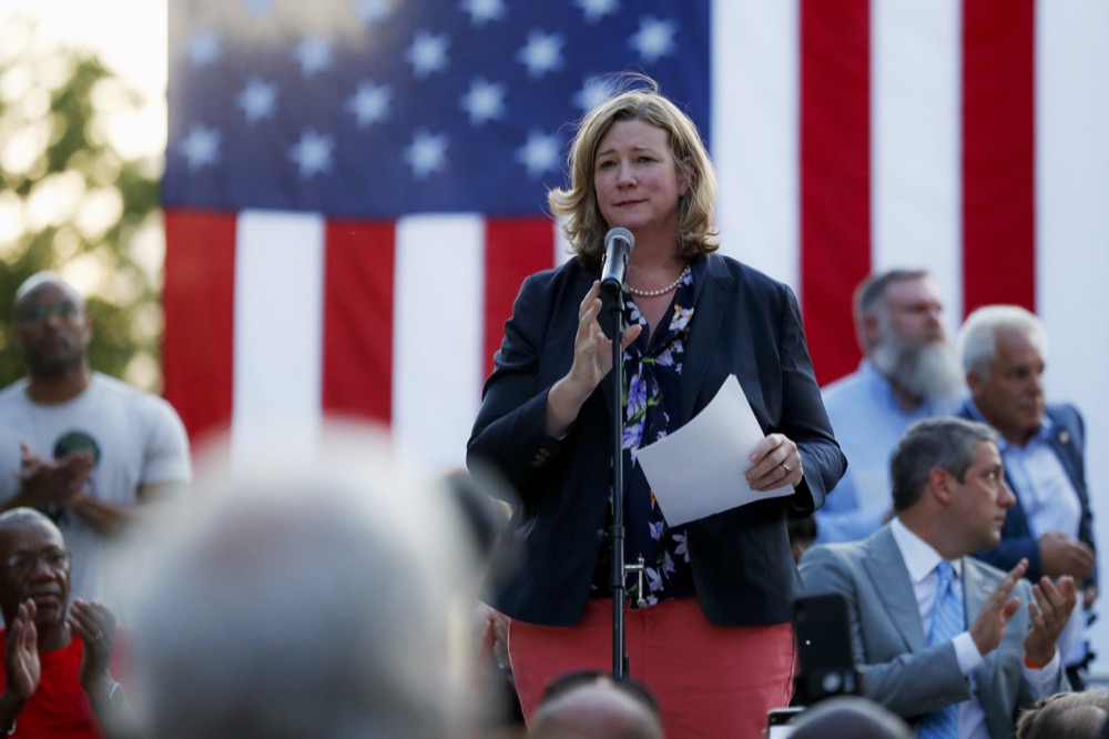 Dayton Mayor Nan Whaley speaks during a vigil at the scene of a mass shooting, Sunday, Aug. 4, 2019, in Dayton, Ohio. Multiple people in Ohio have been killed in the second mass shooting in the U.S. in less than 24 hours, and the suspected shooter is also deceased, police said. (AP Photo/John Minchillo)