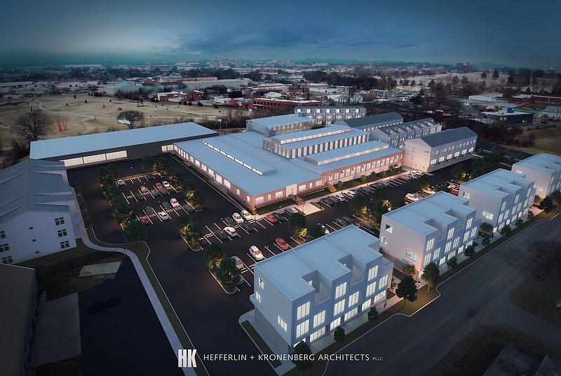 A rendering shows an aerial view of the Holtzclaw Avenue commercial and residential project. The site is to hold 250,000 square feet of commercial space and about 120 residential units. / Rendering by Hefferlin + Kronenberg Architects