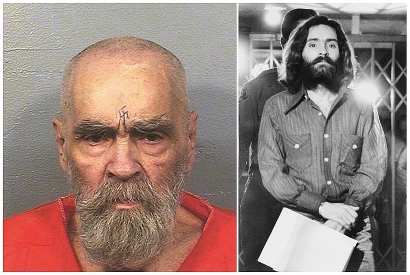 This combination of file photos shows Charles Manson on Aug. 14, 2017, left, in a photo provided by the California Department of Corrections and Rehabilitation, and on Dec. 22, 1969, right, leaving a Los Angeles courtroom. Fifty years ago, Manson dispatched a group of disaffected young hippie followers on a two-night killing spree that terrorized Los Angeles. On successive nights in August 1969, the so-called Manson family murdered seven people. Manson died in prison on Nov. 19, 2017. (California Department of Corrections and Rehabilitation, left, and Wally Fong, right, via AP, File)